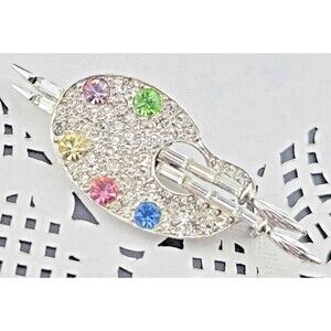 Vintage Signed Pell Rhodium Finish Rhinestone Painter Pallet Brush Brooch 2.5"